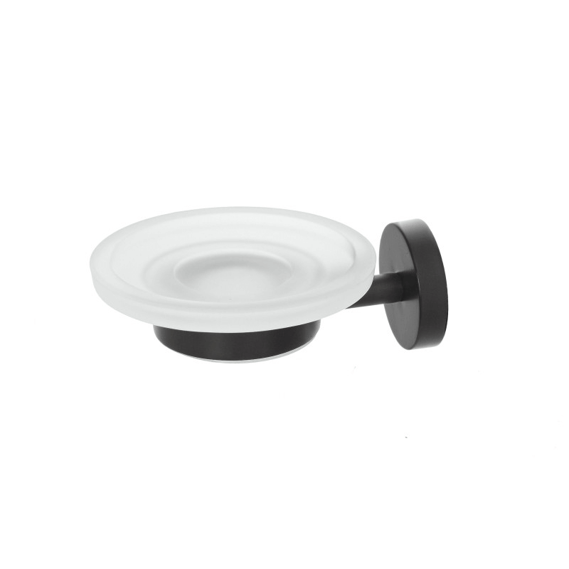 Porte-savon rond pour salle de bain, accessoire mural en acier noir mat et verre satiné, série Chic Black