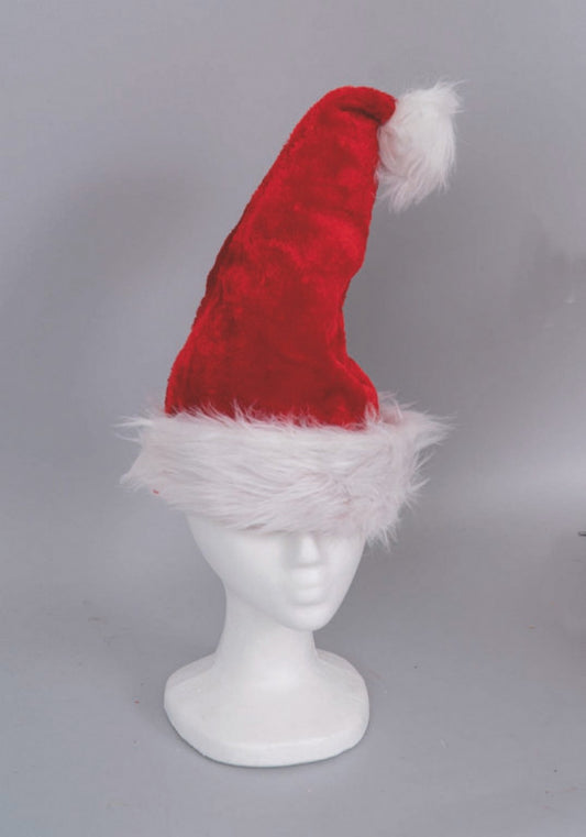 Chapeau en velours rouge Cm.30X44 C/bordure et pompon en peluche blanc Bst décoration de noël