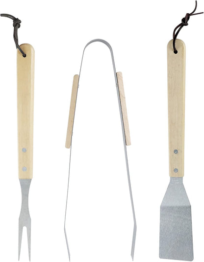 Set de 3 Ustensiles de Barbecue en Acier et Bois - Spatule, Pince et Fourchette - Dimensions 35 x 6,8 x 1,5 cm, 35 x 9,5 x 2,5 cm, 35 x 2,2 x 1,5 cm