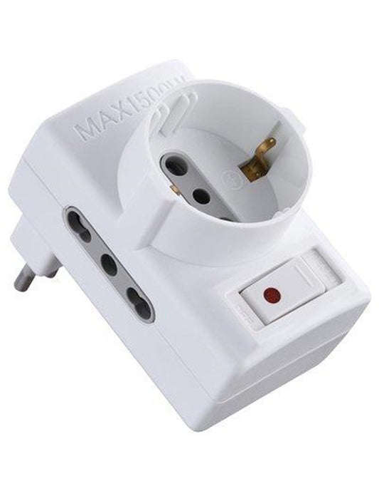 Adaptateur triple avec interrupteur thermique et prises bipas et schuko Electraline blanc 2P+T asymétrique