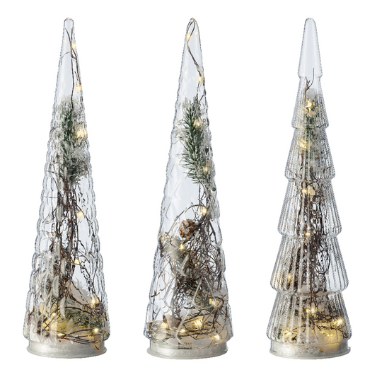 Mini sapins en verre transparent H35 cm avec 15 LEDs assorties