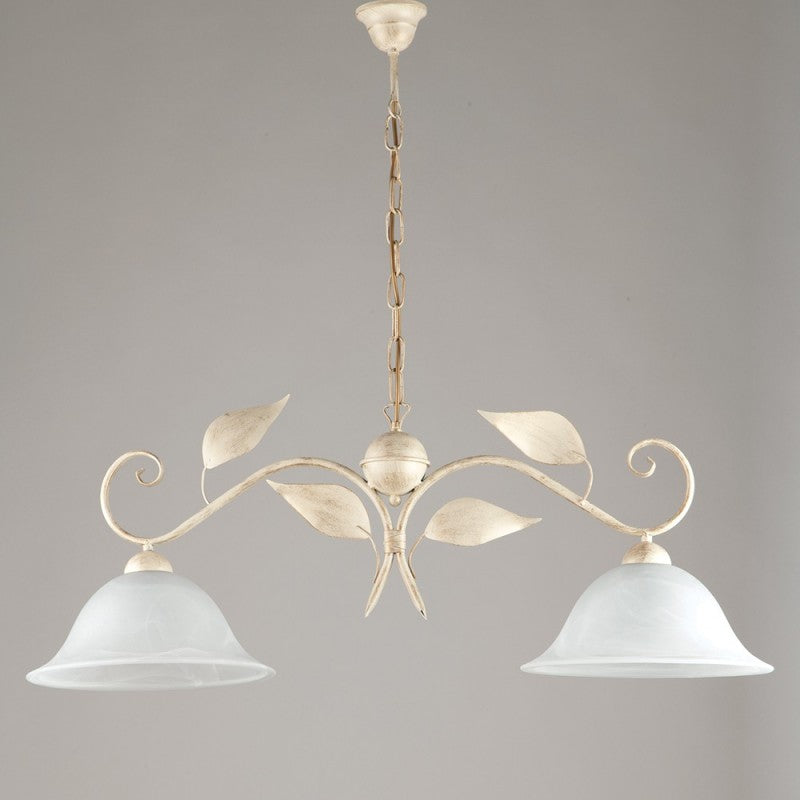 Lustre suspension en fer doré ivoire à deux lumières 93x h34 cm