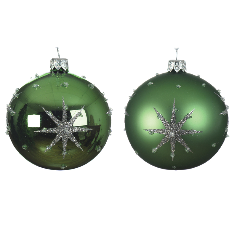 Boule de Noël assortie vert gui avec étoile en relief Ø 8 cm