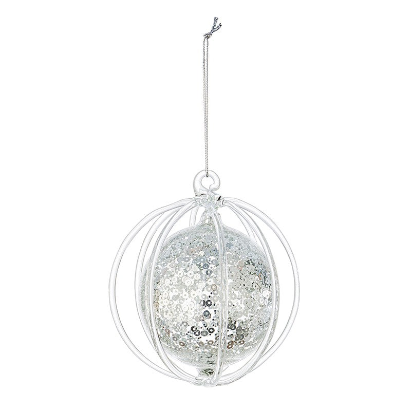 Boule de Noël sphère en verre transparent avec paillettes argentées 9,2 cm