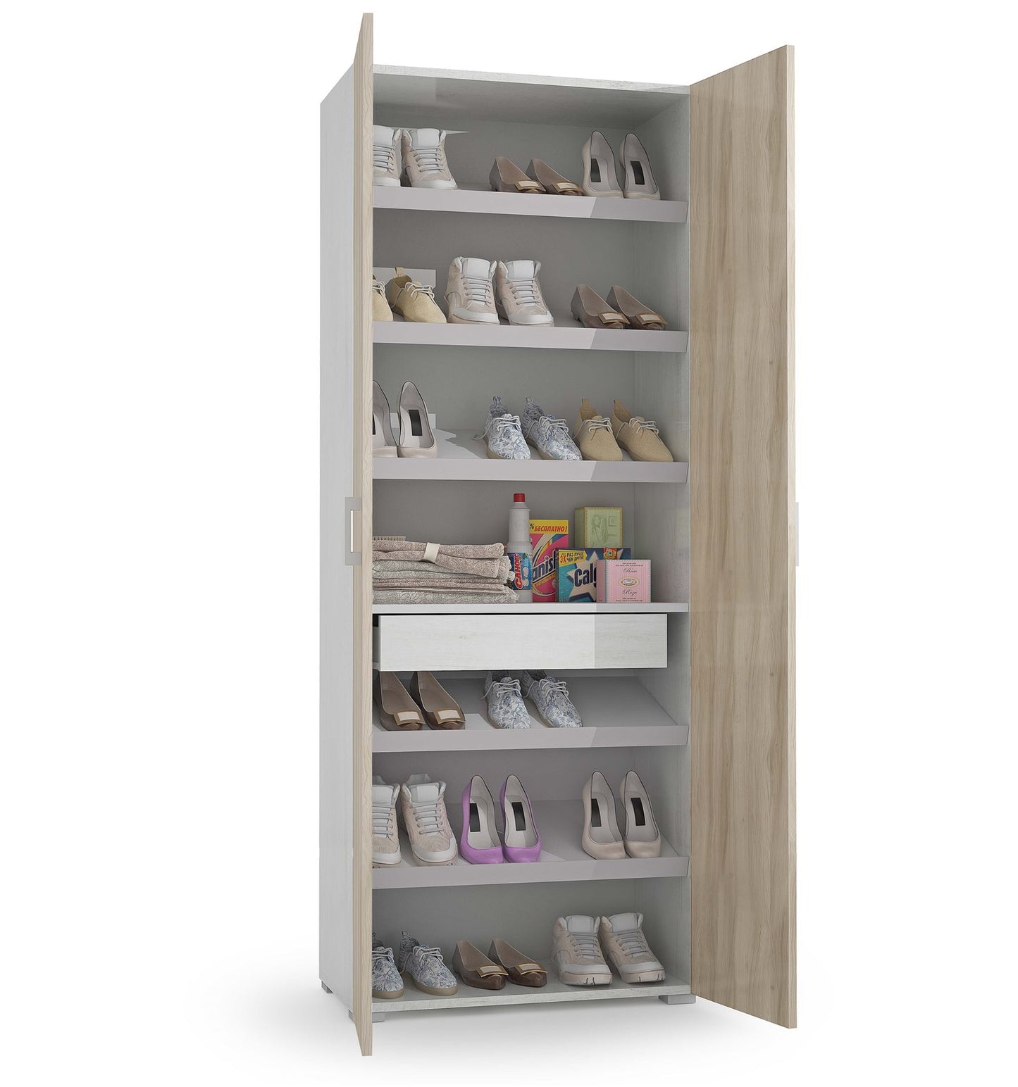 Armoire polyvalente avec 2 portes, 1 tiroir et 6 étagères intérieures, portes en orme blanc