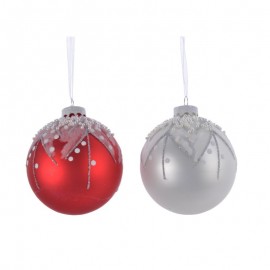 Boule de Noël en verre assortie Blanc Rouge neige 8 cm pcs 1