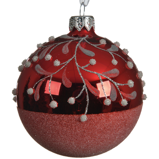 Boule de Noël rouge avec décorations effet branches Ø8cm