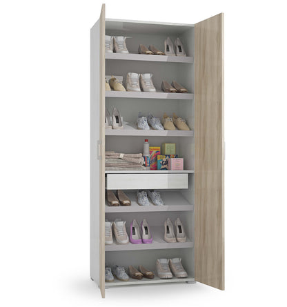 Armoire polyvalente avec 2 portes, 1 tiroir et 6 étagères intérieures, portes en orme blanc