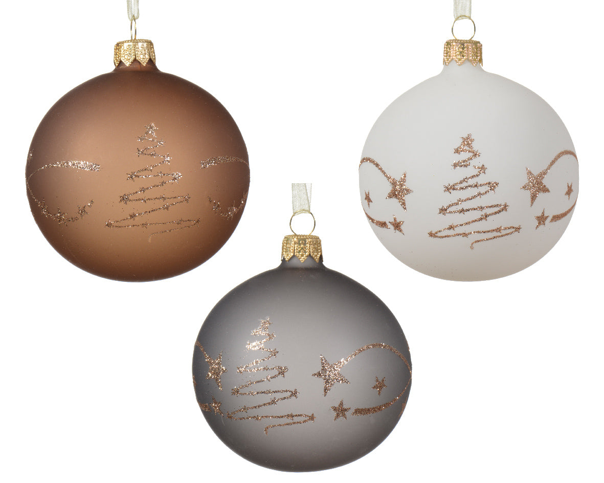 Boule de Noël en verre opaque avec bordure sapin étoilé 3 colonnes assorties coloris assorti ø 8cm