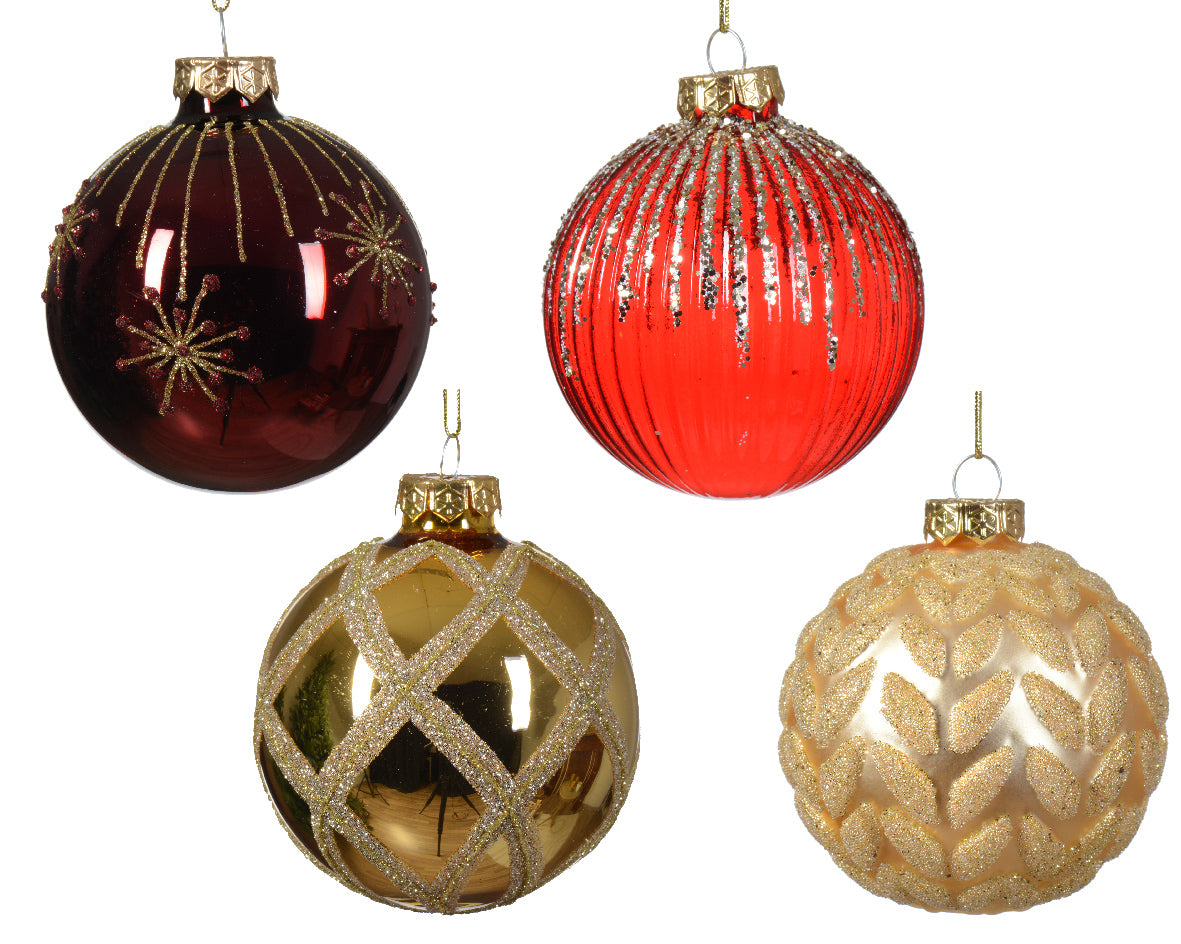 Boule de Noël décorative en verre effet brillant-mat-transparent avec motifs feux d'artifice, feuilles nervurées et carreaux, mélange de couleurs rouge/or ø 8cm