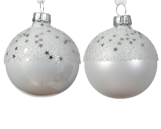 Boule de Noël Boule en verre émaillé opaque avec étoile dessus 2 coloris assortis blanc hiver ø 6cm