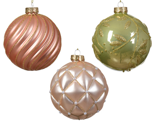 Boule de Noël en verre pour décorations de Noël brillant-mat avec motif de feuilles mélangées rosé pétillant/couleur ø 10cm